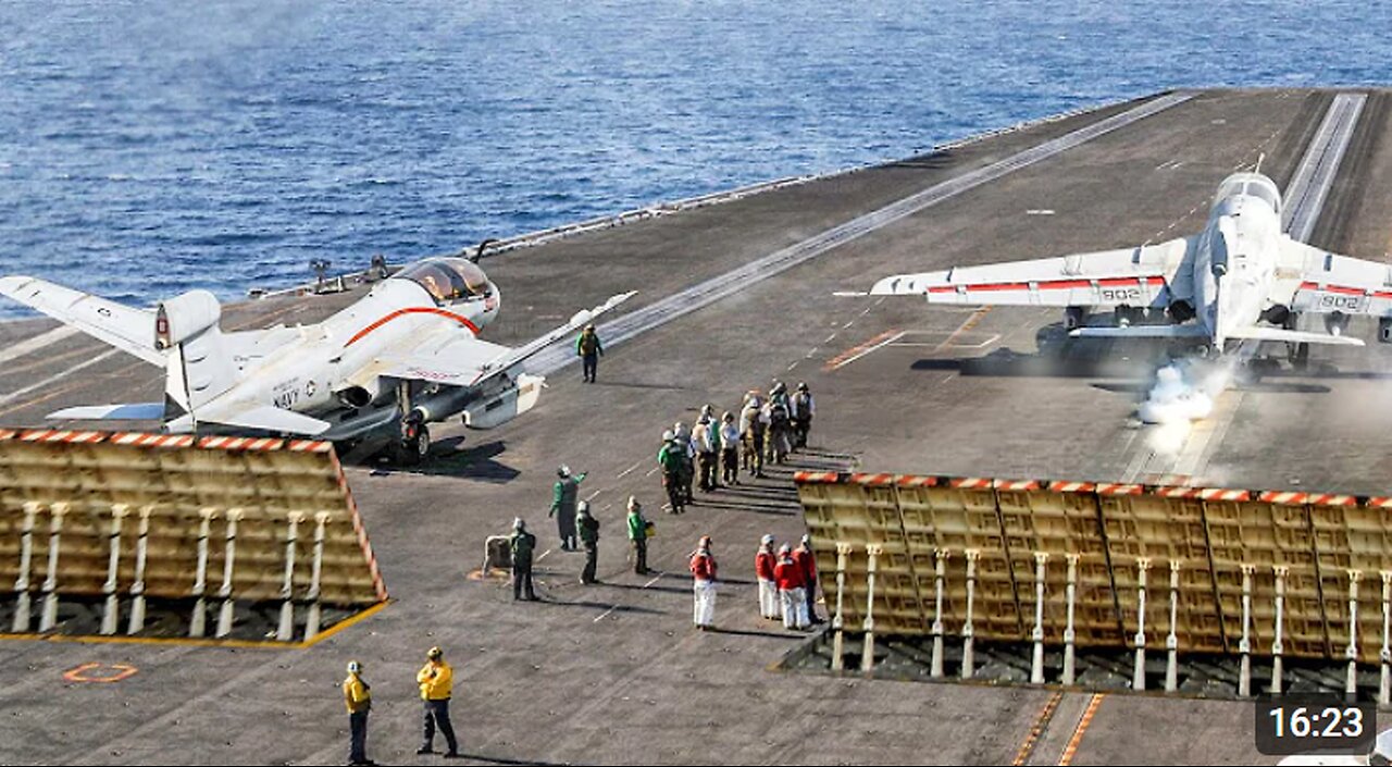 Risky Process of Landing Multiple US Navy Planes on a Moving Aircraft Carrier