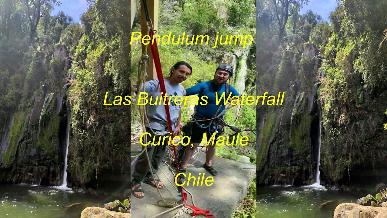 Pendulum jump at las Buitreras Waterfall in Curico city, Maule, Chile