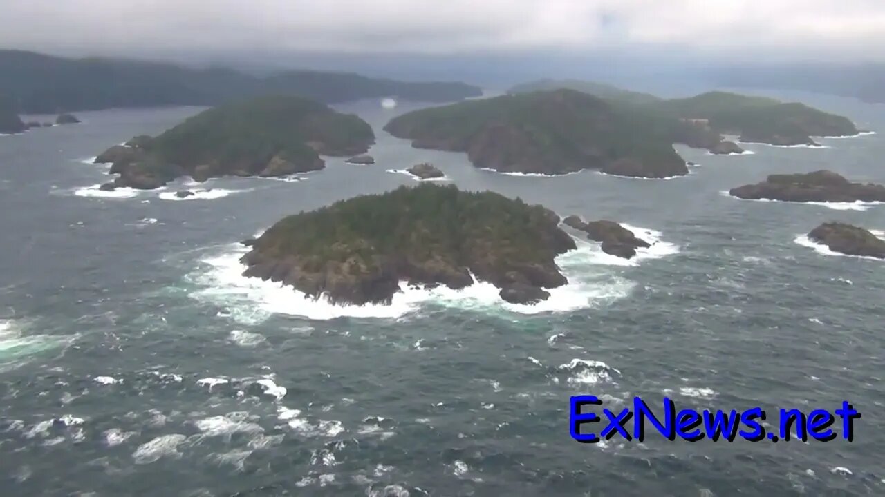 Stormy Salish Sea British Columbia - Helicopter flies over rough seas, Ferry, tugboat, barge, birds