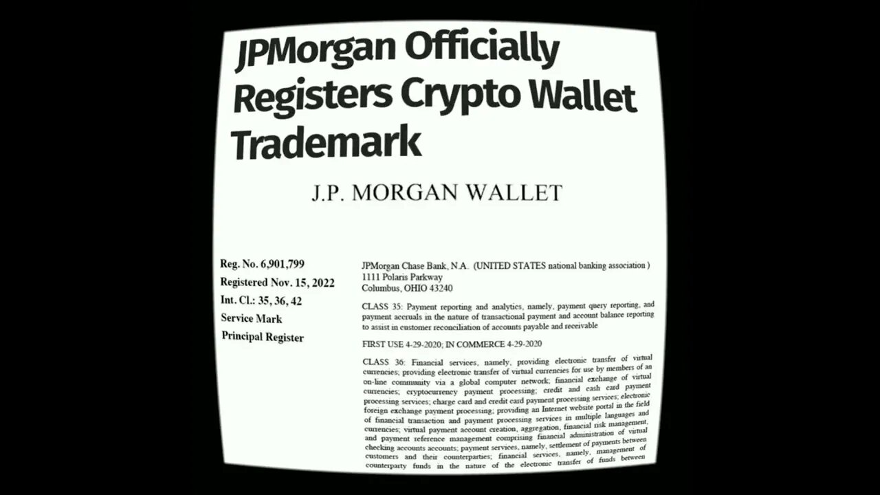 JPMorgan has formally registered a cryptocurrency trademark, according to information gathered from