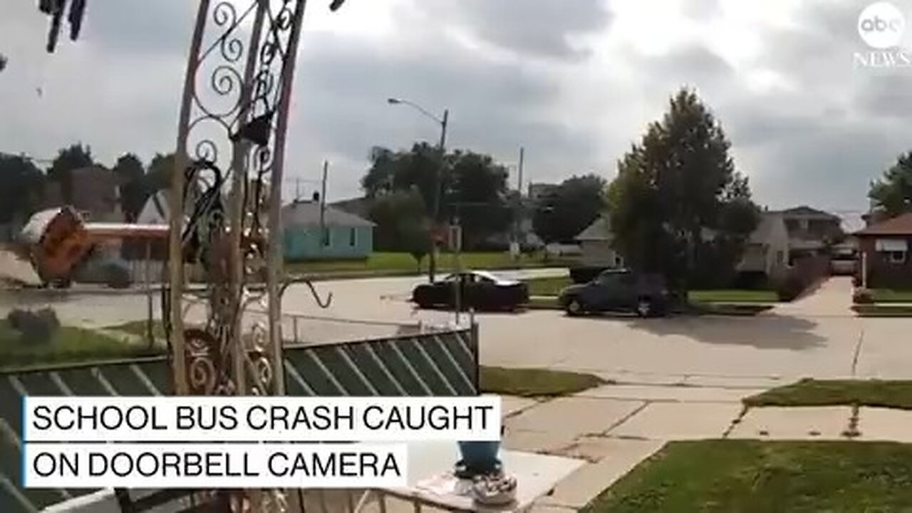 Dramatic doorbell camera footage captures the moment a school bus flips on its side after