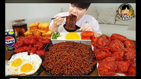 ASMR MUKBANG | Fried Chicken, fried egg, black bean noodles, kimchi Korean Food recipe ! eating