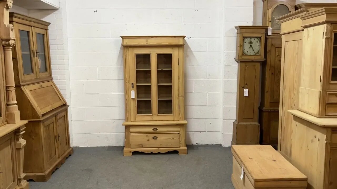 Small Antique Pine Single Glazed Door Dresser 2 Bottom Drawers (W2206D) @PinefindersCoUk