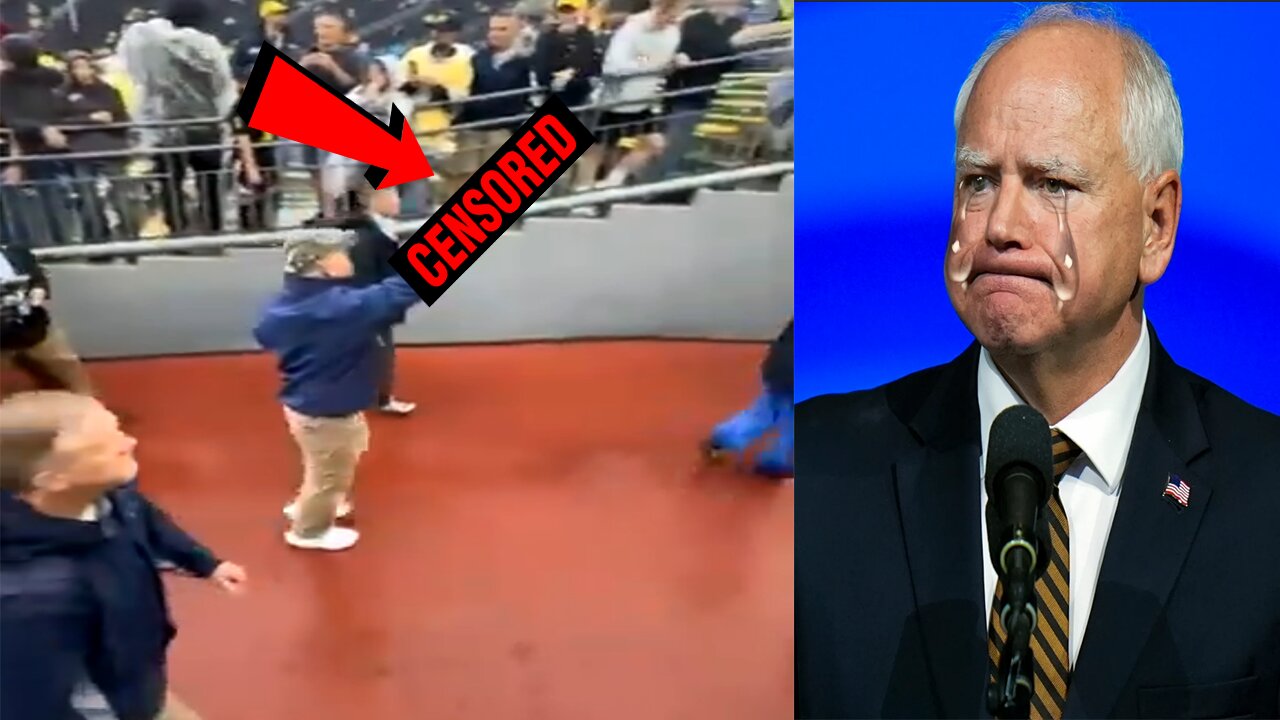 Tampon Tim Walz TRIGGERED! FLIPS OFF Michigan fans chanting Trump 2024 at football game!