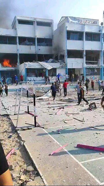 Footage captures aftermath of Israel's air strike on Al-Shati' School, killing 15 Palestinians.⏬Desp