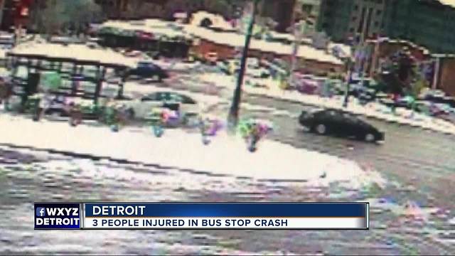 Three people in stable condition after car slams into Detroit bus stop on Woodward