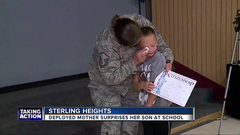 Deployed mother surprises son at Sterling Heights school