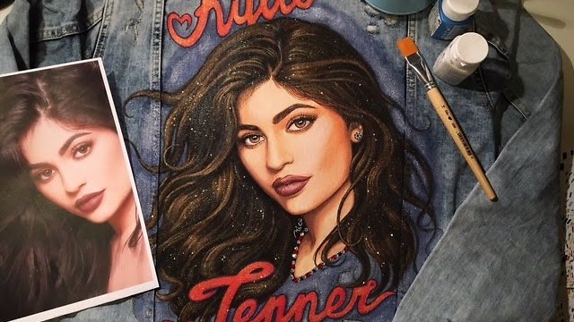 Portrait of Kylie Jenner on a denim jacket