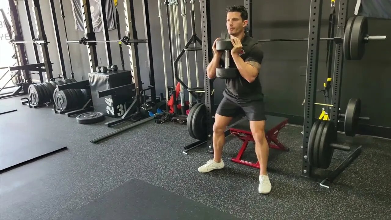 Dumbbell Goblet Neutral Stance Box Squats