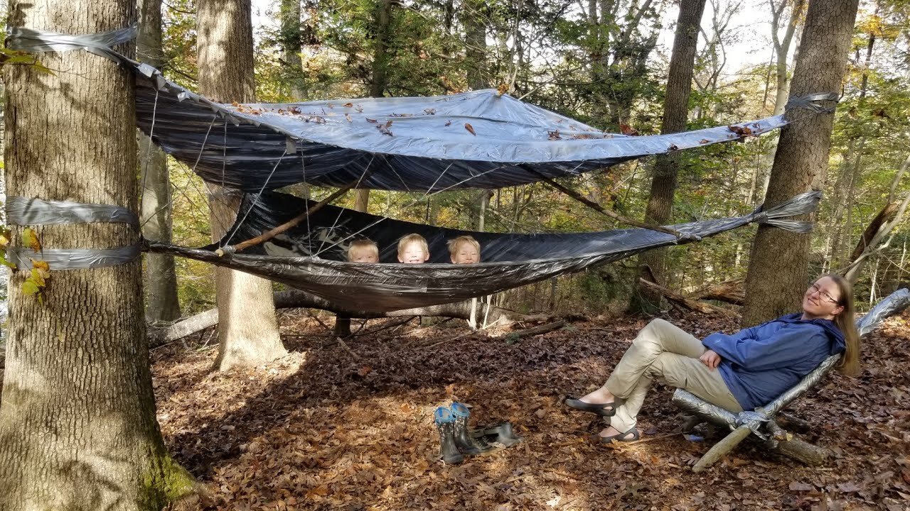 Duct Tape Hammock Tent Camping + Rabbit Catch & Cook (Duct Tape Survival Shelter Challenge)