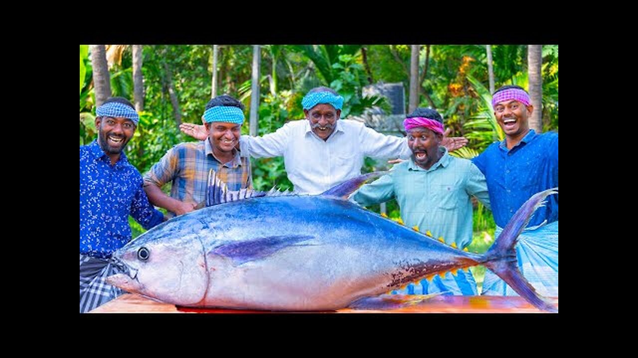 200 Pounds BIG TUNA FISH _ Tuna Fish Cutting and Cooking in Village _ Tuna Fish Steak Recipe