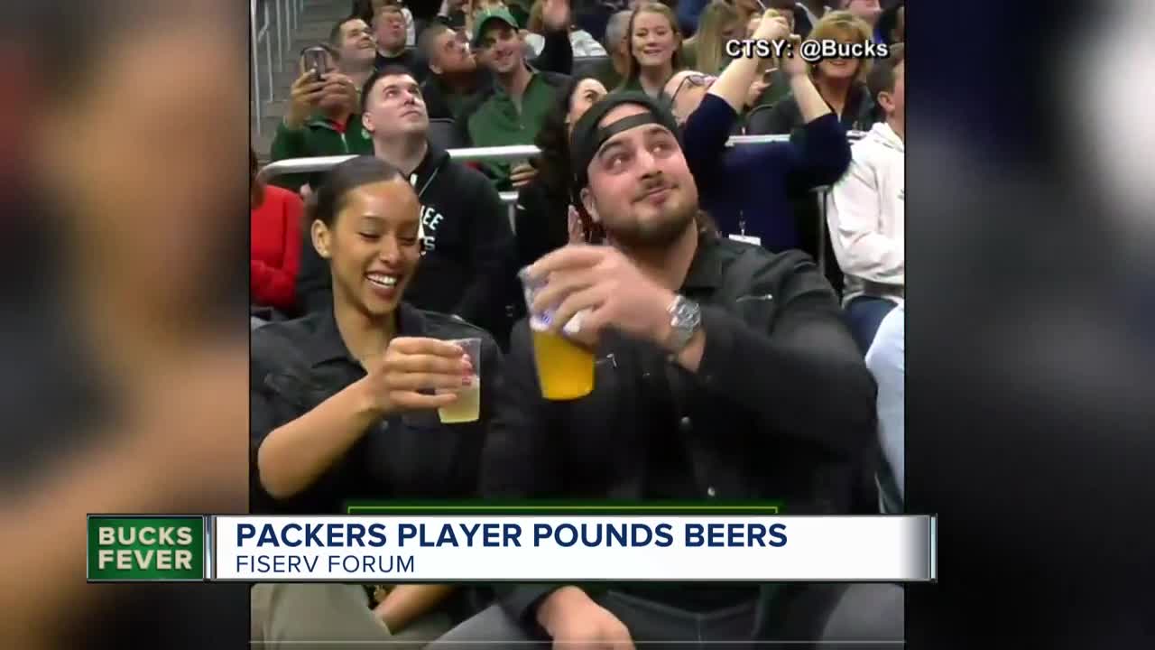 Green Bay Packers tackle David Bakhtiari chugs two beers on Jumbotron at Bucks game [VIDEO]