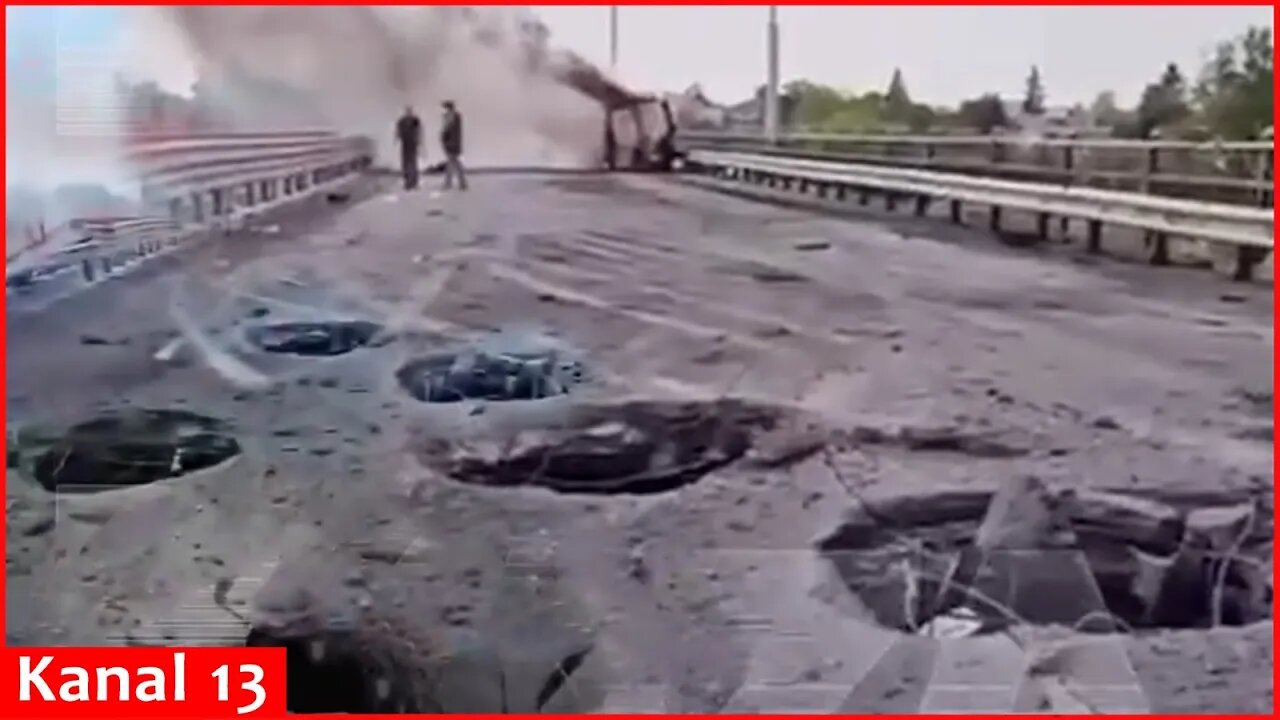 İmage of bridge destroyed by Ukrainians with HIMARS in Kursk - it is destroyed, car is on fire...