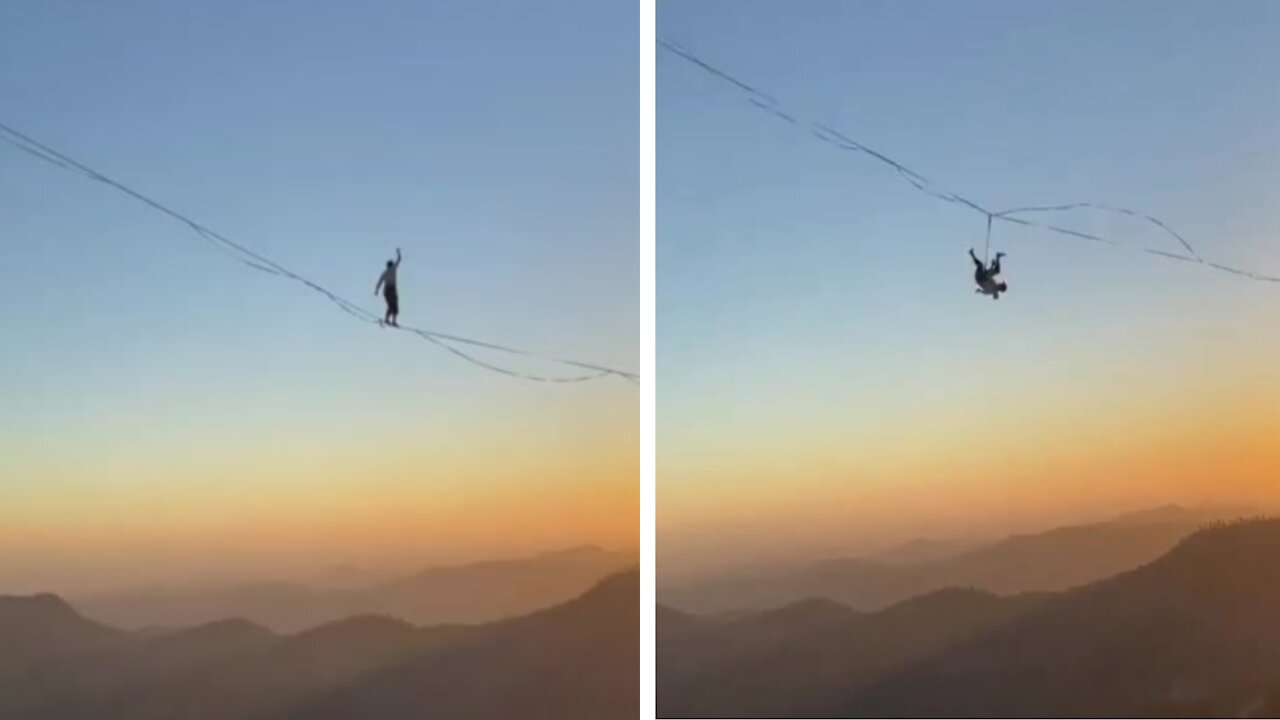 Scary rope walk between the mountains