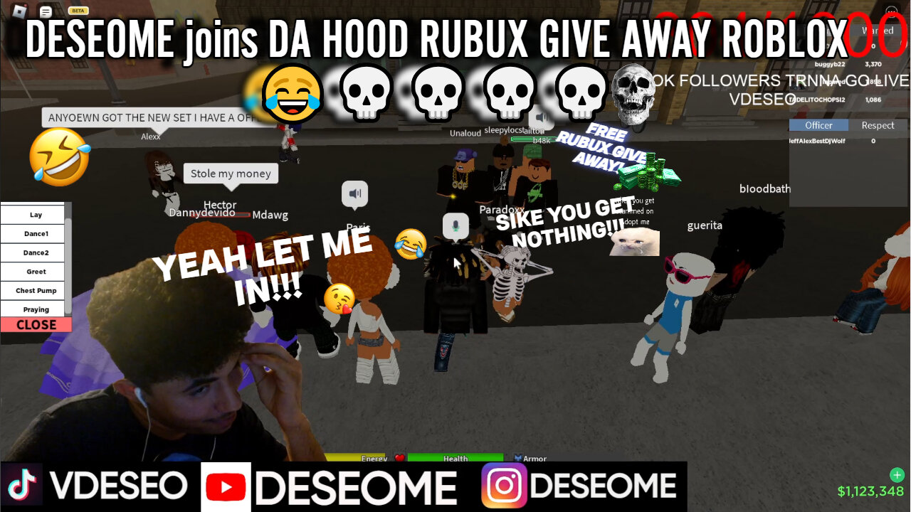 DESEOME joins RUbUX GIVAWAY IN DA HOOD ROBLOX (FUNNY) (RAGE)