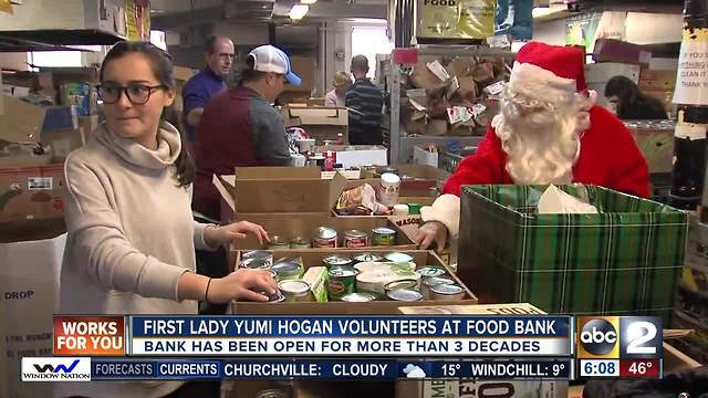 First Lady Yumi Hogan volunteers at the Anne Arundel County food bank