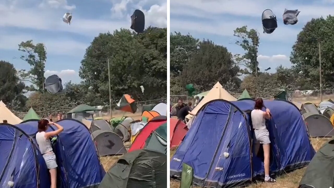 Mini tornado randomly passes through tents at Boomtown Fair