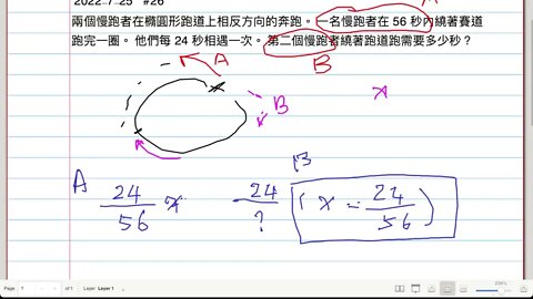 [從零到奧數] #26 兩個慢跑者在橢圓形跑道上相反方向的奔跑。 一名慢跑者在 56 秒內繞著賽道跑完一圈。 他們每 24 秒相遇一次。 第二個慢跑者繞著跑道跑需要多少秒？