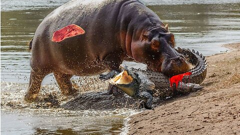 Craziest hippo attacks crocodile