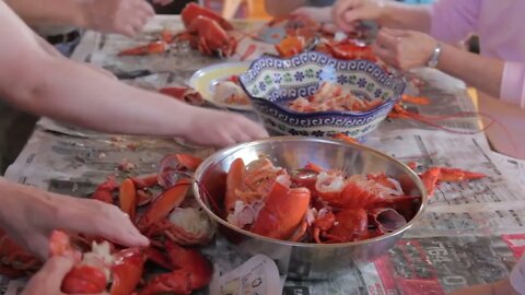 family preparing fresh lobster at dinner time