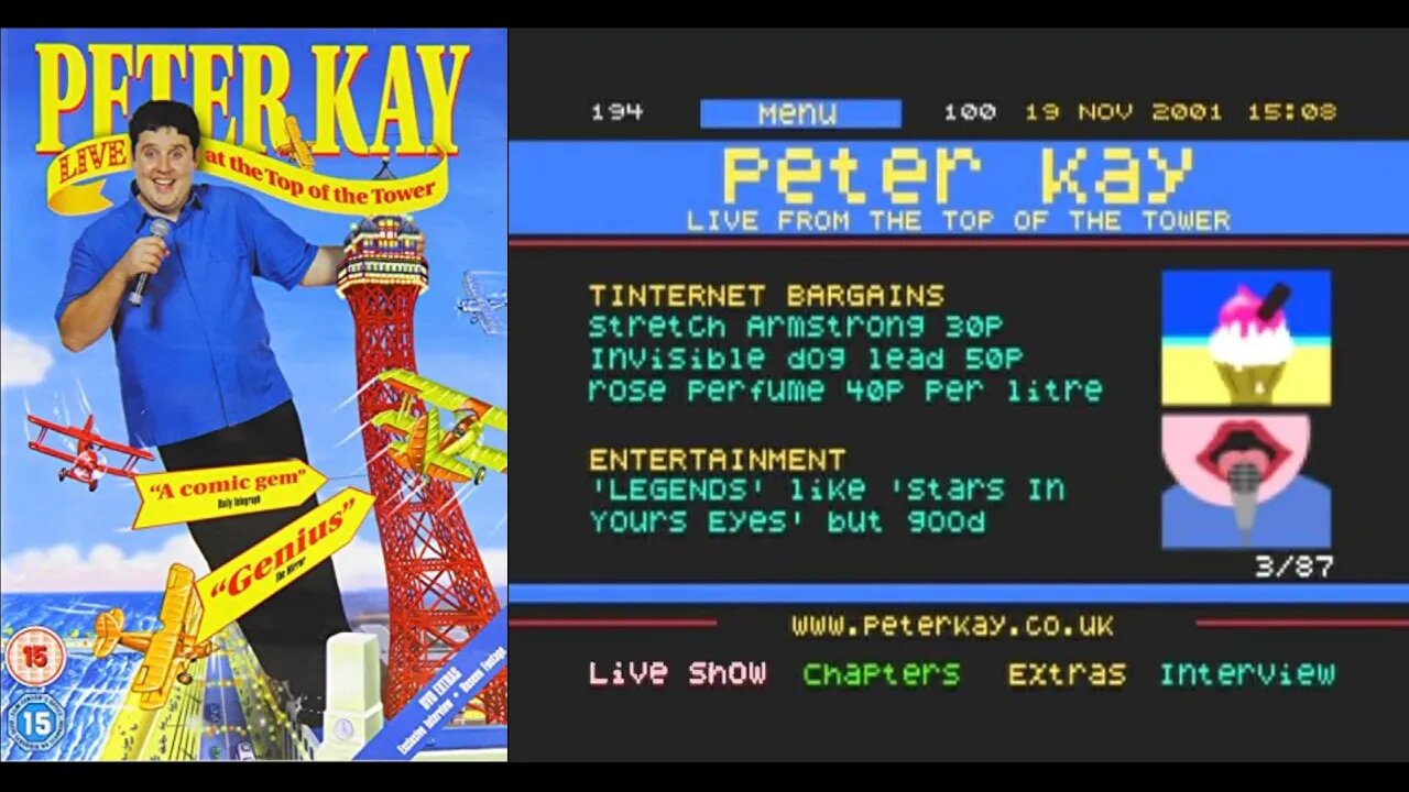 Peter Kay: "LIVE at the Top of the Tower" Spoof Teletext menu on DVD