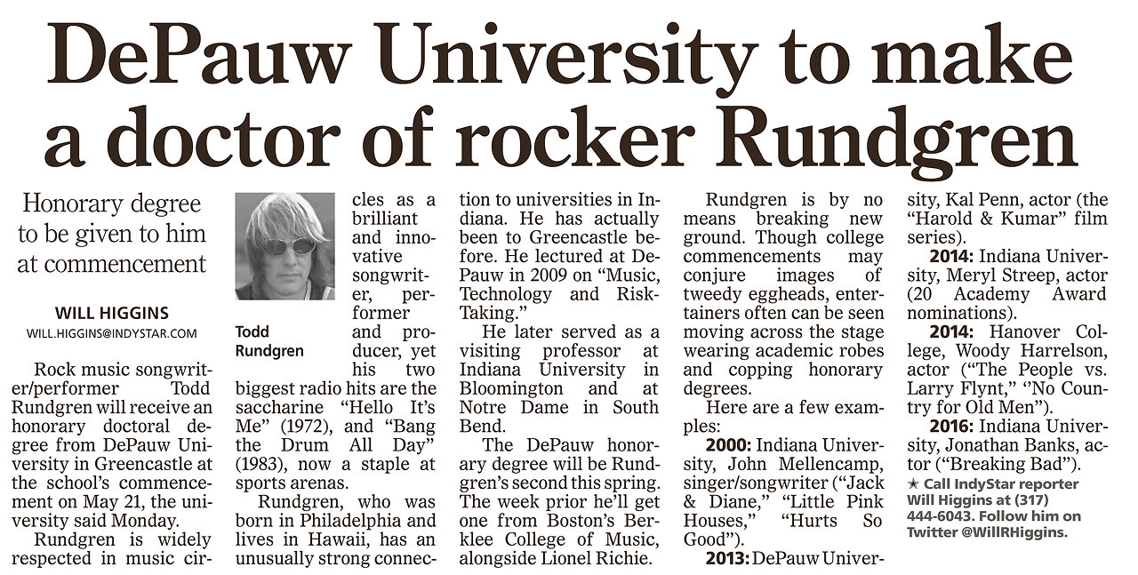 March 22, 2017 - Indianapolis Star Notes Todd Rundgren's DePauw Honorary Doctorate