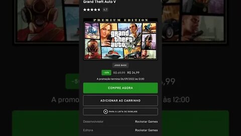 GTA 5 por 34,99 até 06/09/2022 na Epic Games