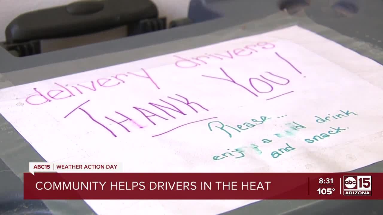 Residents leave cold beverages, snacks for delivery drivers working in the heat