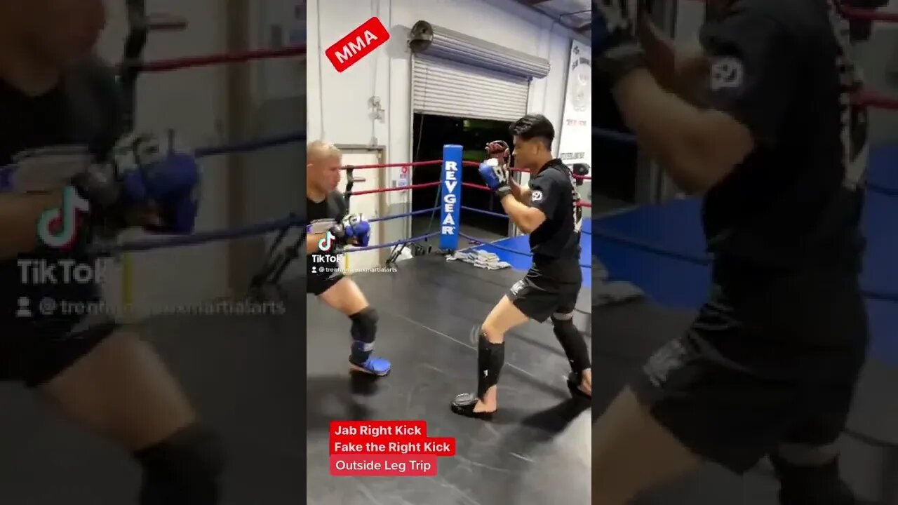 Jab Right Kick into an Outside Leg Trip