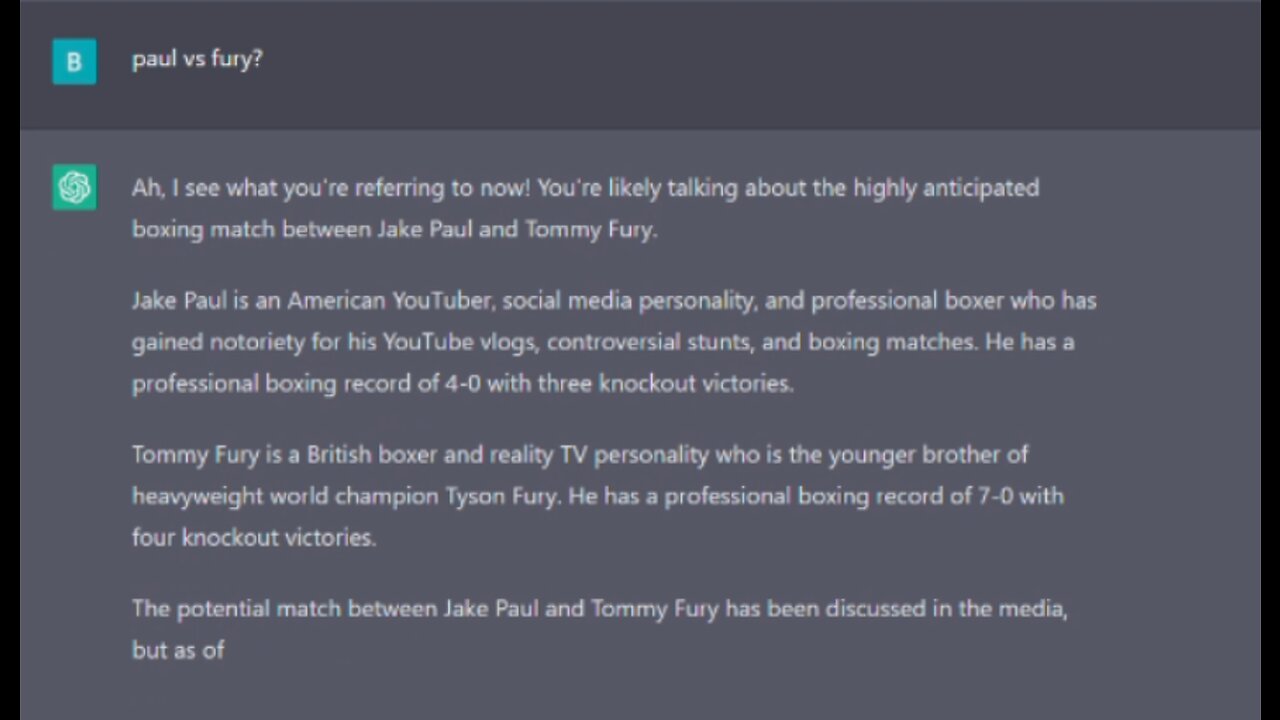 Does ChatGPT know about Jake Paul vs Tommy Fury?