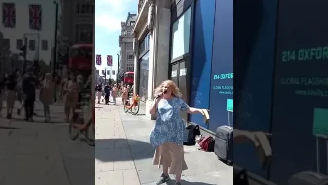 Dawn Martin preaching the gospel in Oxford Circus, London.