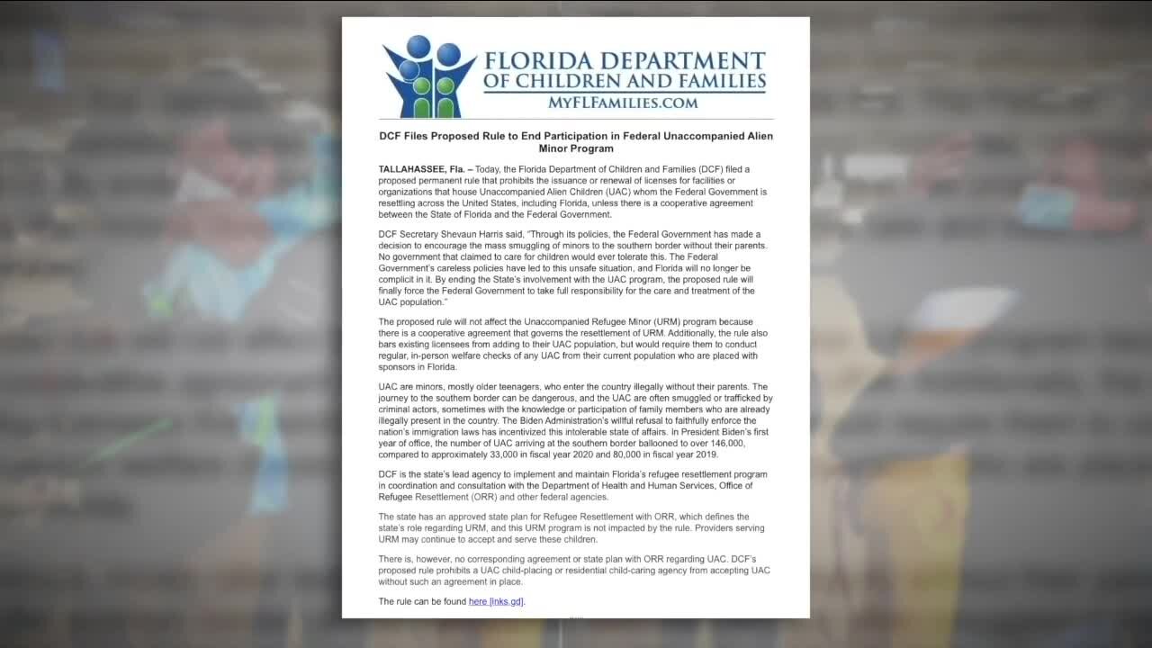 DCF moves to permanently end involvement in care of unaccompanied migrant children in Florida