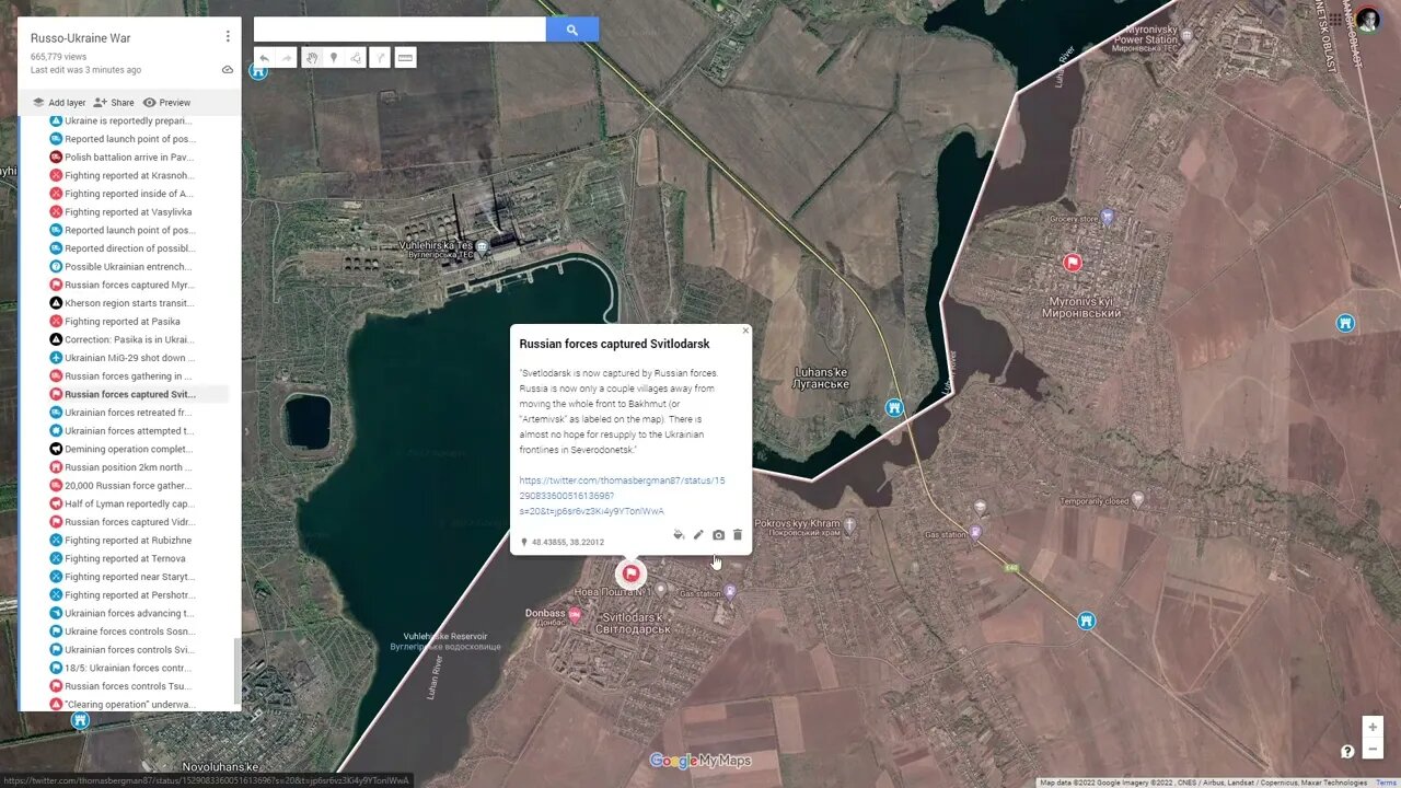 [ Bakhmut Front ] Russian forces captured Svitlodarsk, Myronivskyi and Vidrodzhennya