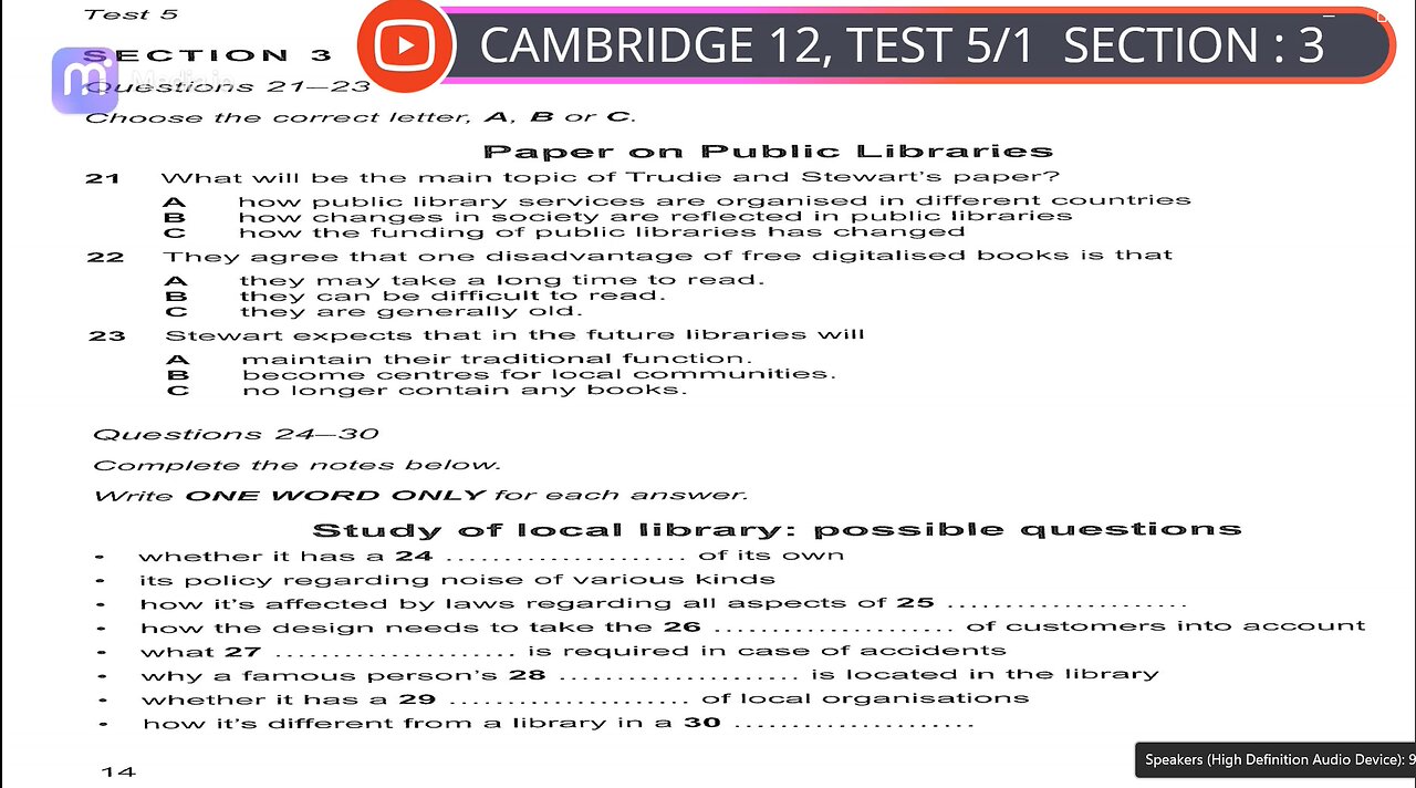 CAMBRIDGE 12 LISTENING TEST 5/1 SECTION 3 WITH ANSWER : HD QUALITY