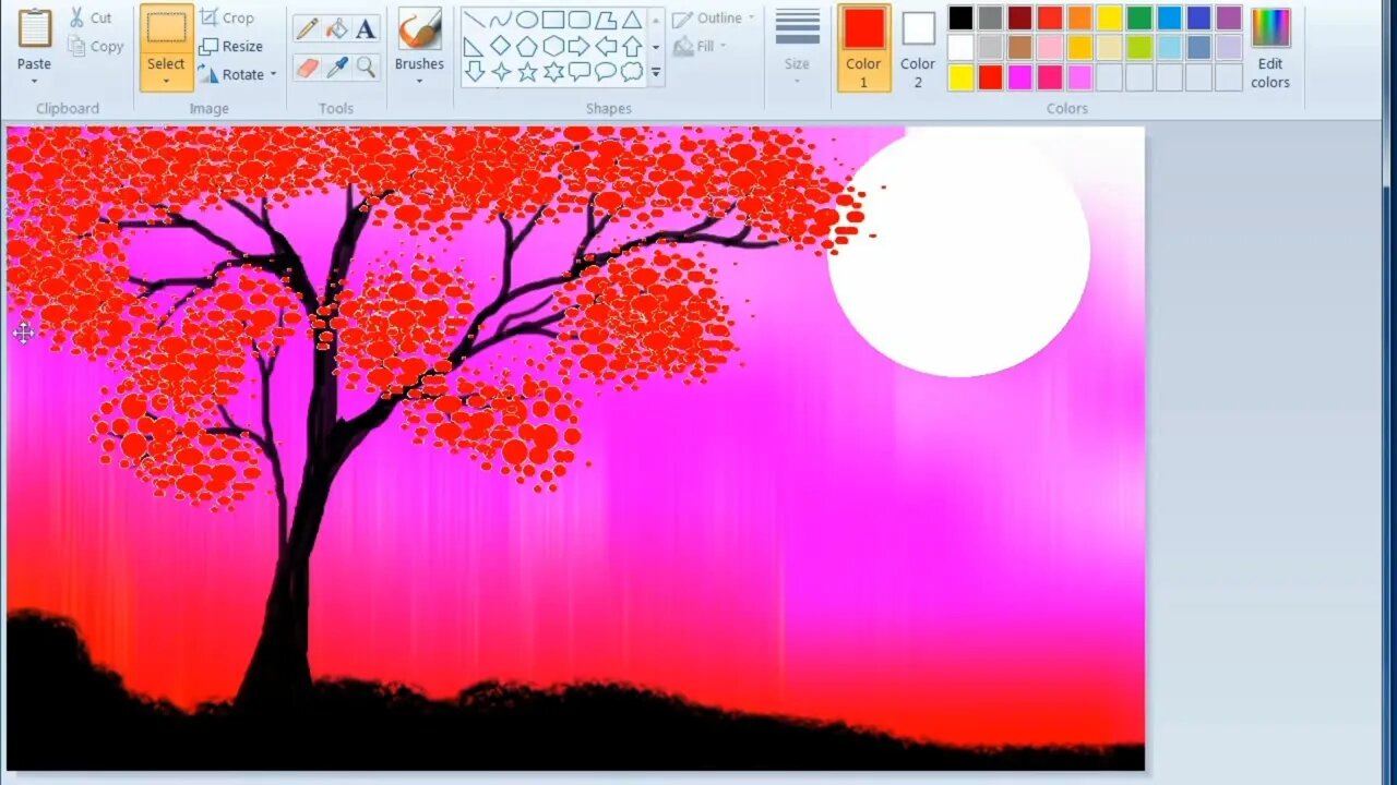 Beautiful Moonlight Scenery In Ms Paint | ms paint drawing | how to draw in computer step by step