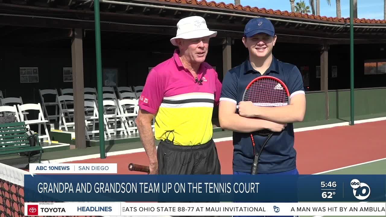 Grandpa and grandson team up on the tennis court