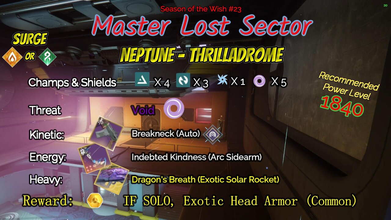 Destiny 2 Master Lost Sector: Neptune - Thrilladrome on my Solar Warlock 3-23-24