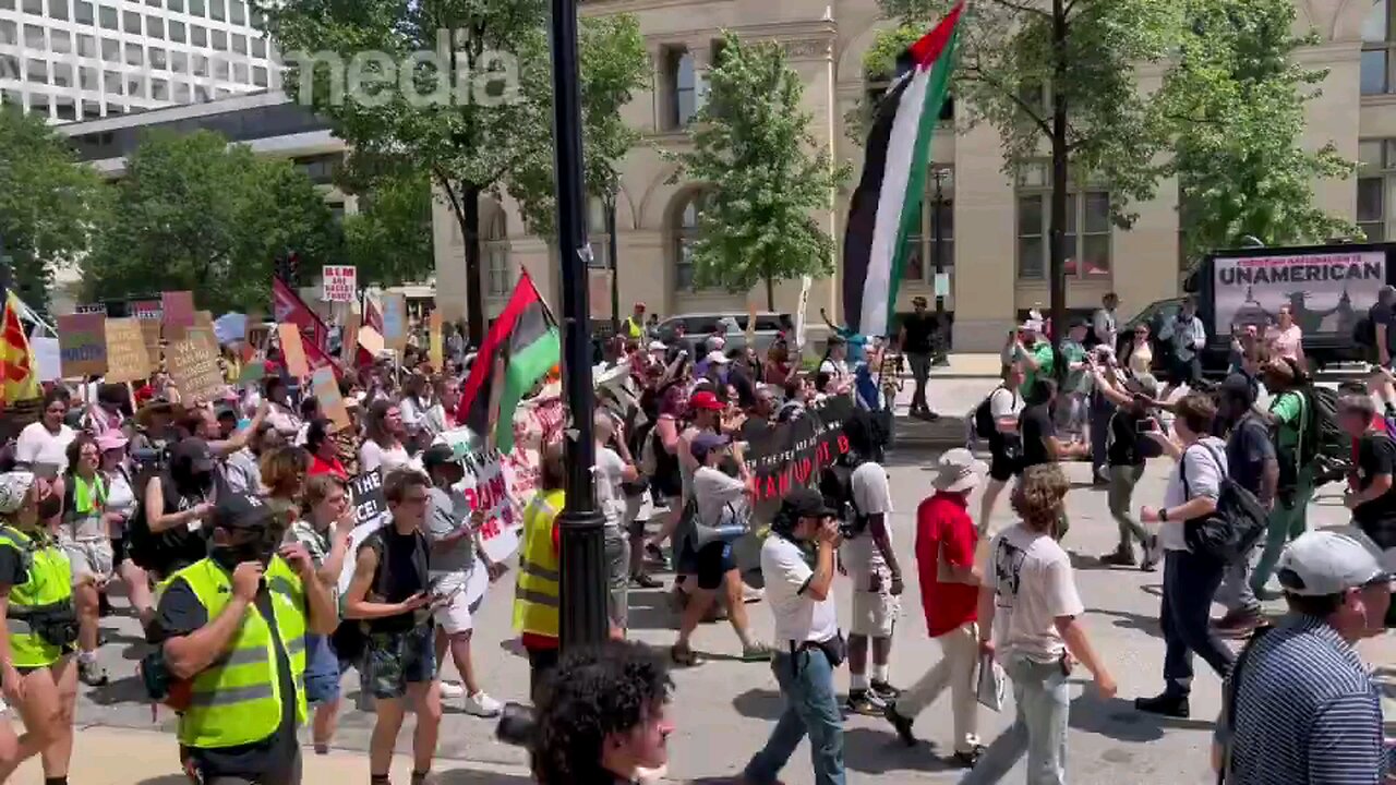 Pro-Hamas protesters marching on the RNC in Milwaukee chanting, “No Trump, no KKK, no fascist USA!”