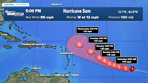 Hurricane Sam's winds increase to 85 mph