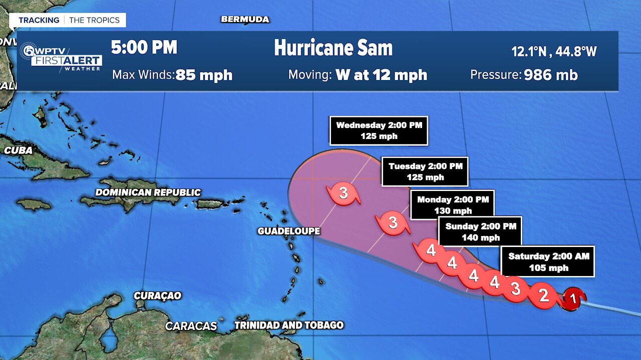 Hurricane Sam's winds increase to 85 mph