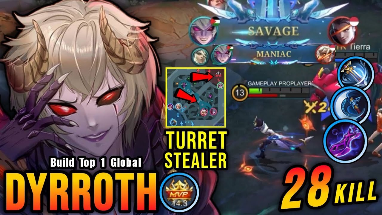 Build Top 1 Global Dyrroth 28 Kills!! Dyrroth 300 IQ Play, Perfect Turret Stealer! ~ MLBB