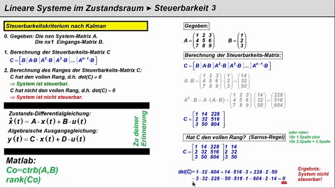 Zustandsraum (LTI) ► Steuerbarkeit 3 ►Beispiel mit 3x3 Matrix und Kalman-Steuerbarkeitskriterium