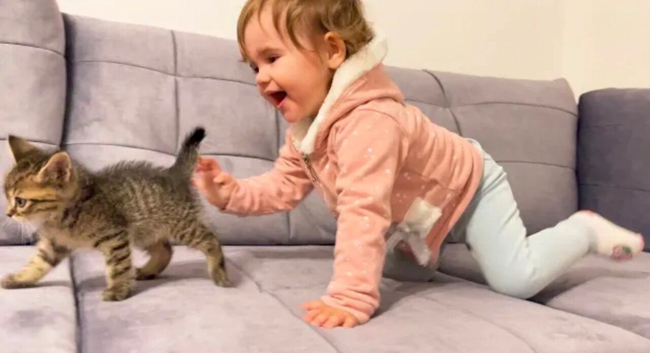 Cute Baby Meets New Baby Kitten For The First Time