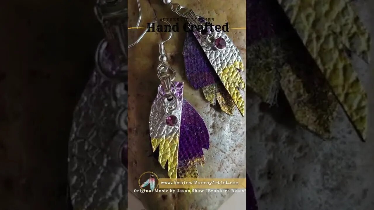 PURPLE AND GOLD, 1 inch, leather feather earrings