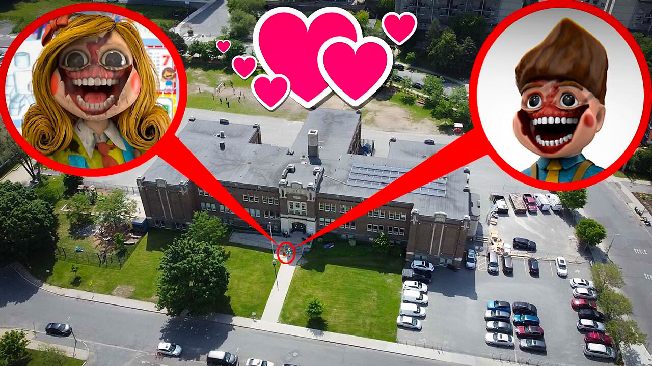 DRONE CATCHES EVIL MR DELIGHT KISSING EVIL MISS DELIGHT AT THE DELIGHT SCHOOL (THEY GOT MARRIED)