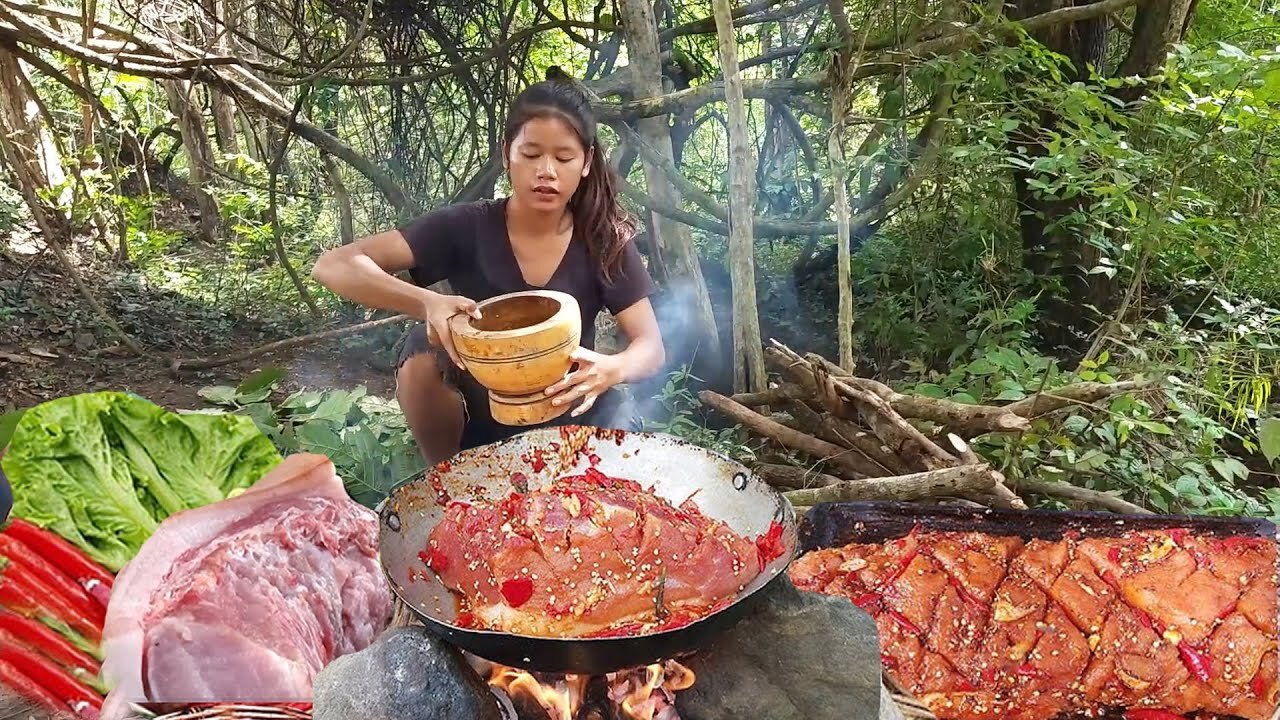 Pork salad cooking with Chili sauce for food near river - Survival cooking