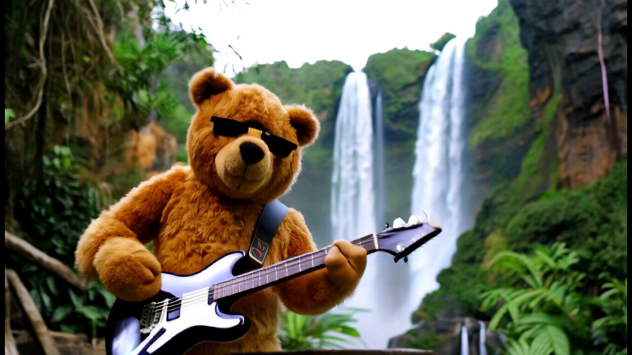 A bear is dancing and playing guitar