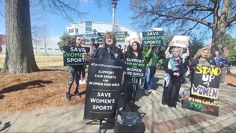 Kellie-Jay at the Save Women's Sports event outside NCAA Women’s College Swimming Championships