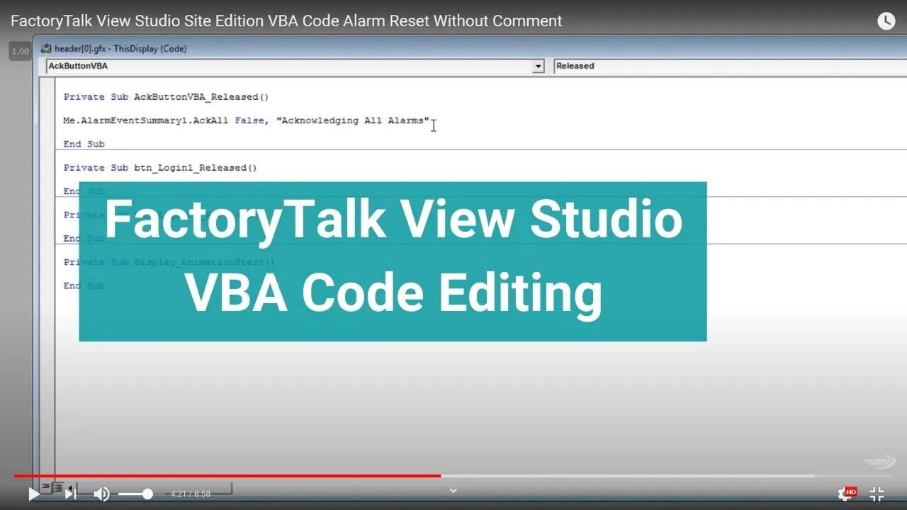 FactoryTalk View Studio Site Edition VBA Code Alarm Reset Without Comment