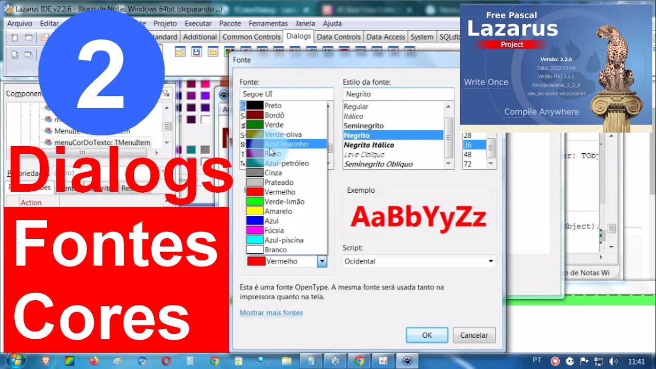 29- Como usar os Dialogs: Fontes e Cores do Lazarus. E onde baixar um Aplicativo Gratuito para Cores